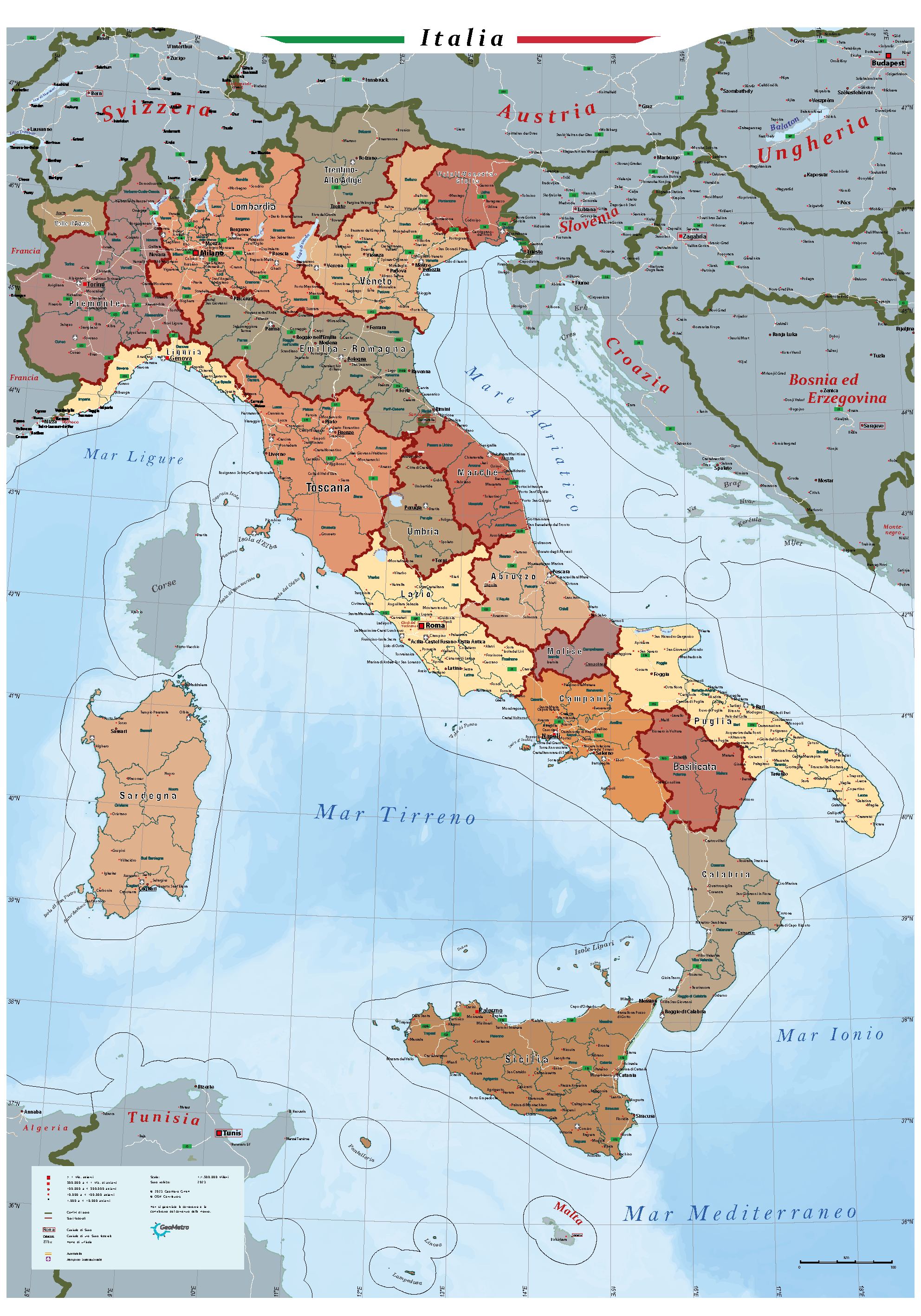 GeoMetro mappa politica dell'Italia, 70 x 100 cm, poster piegato, mappa da parete, con regioni e province