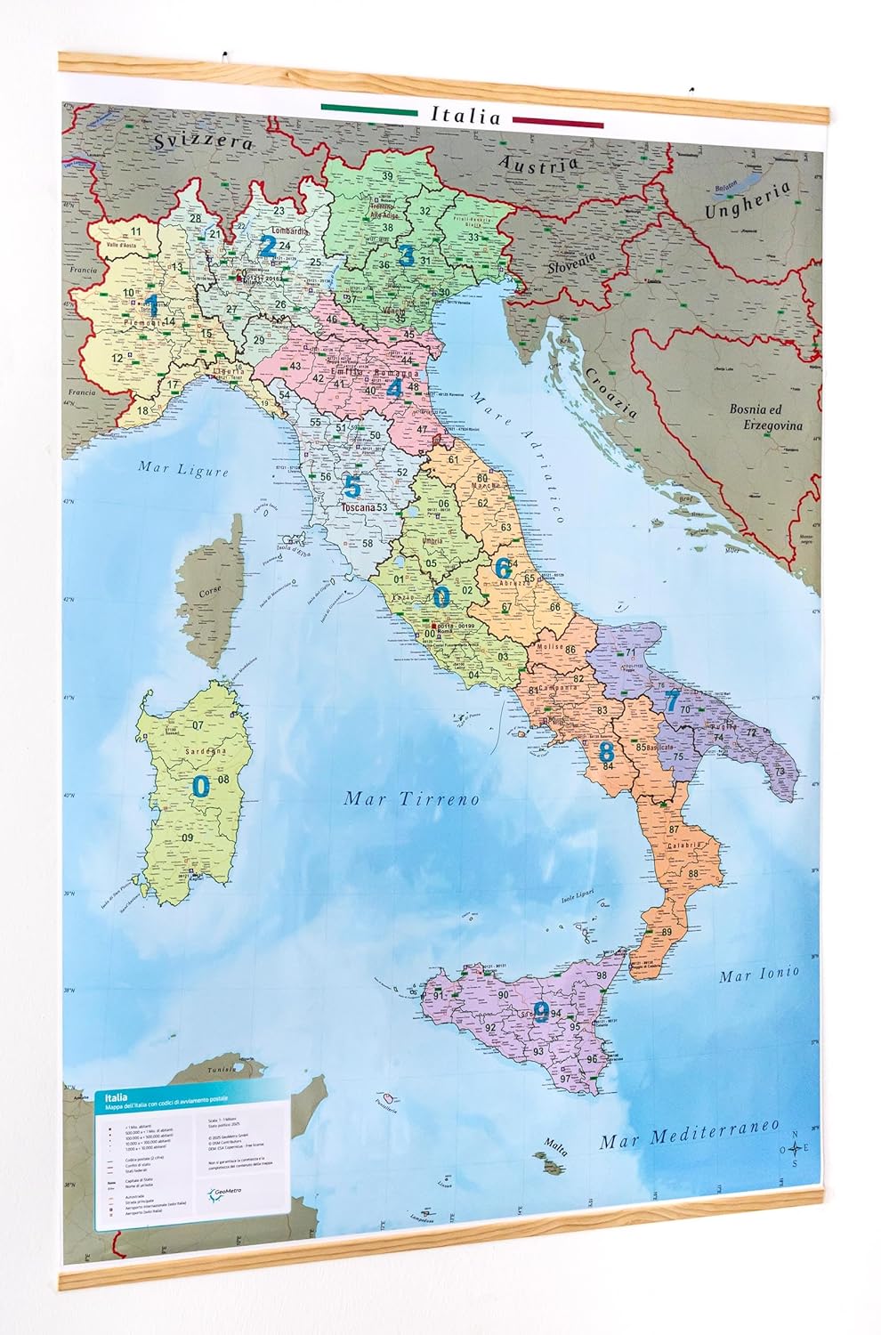 GeoMetro Mappa dei codici postali italiani, CAP Zone, con listelli in legno, laminata, 140 x 100 cm