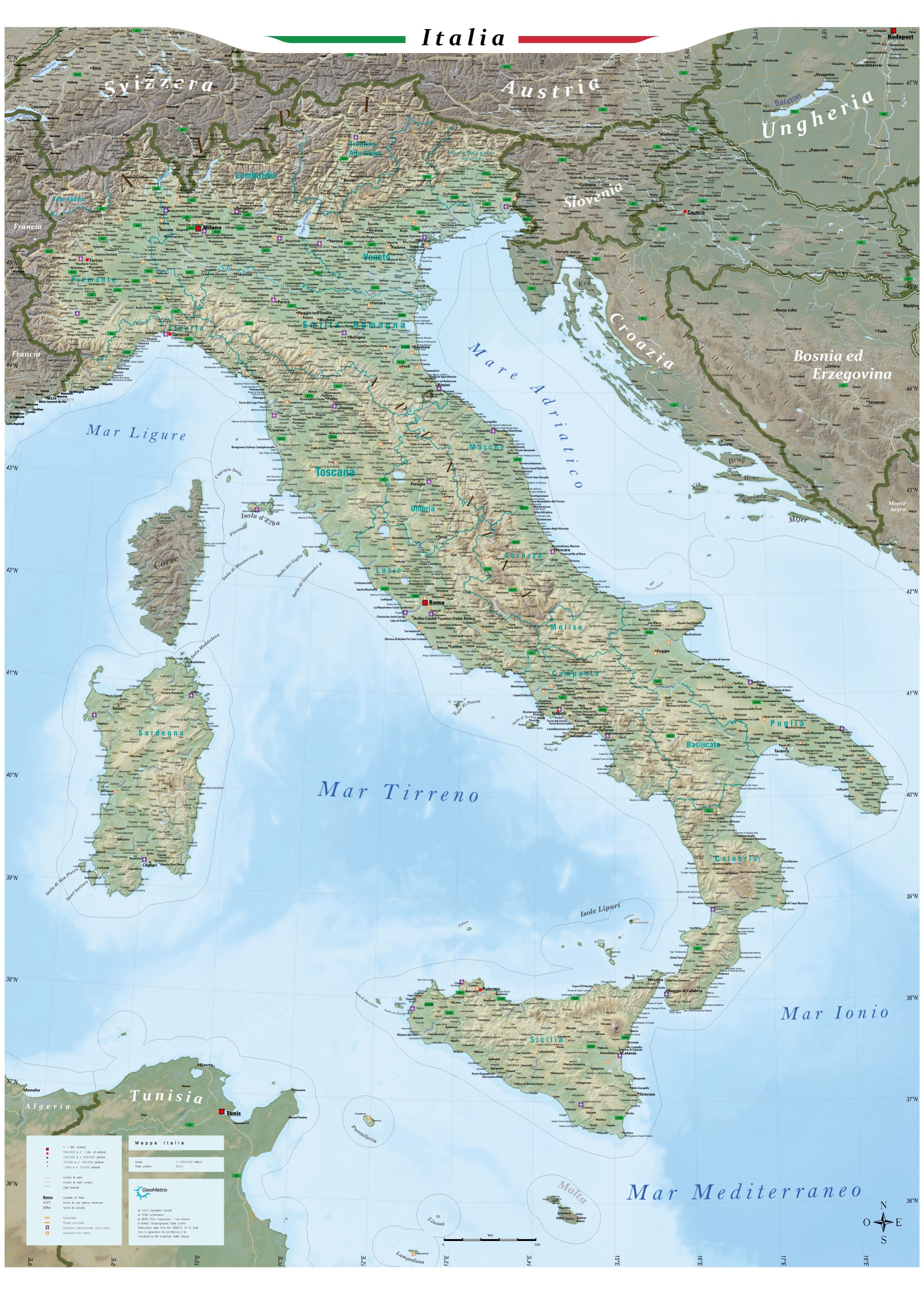GeoMetro grande mappa dell'Italia in italiano con plastificazione (scrivibile e cancellabile), 140 x 100 cm